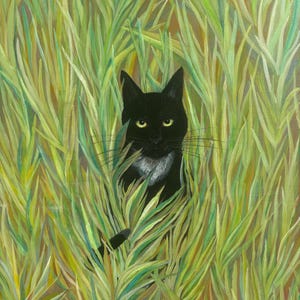 Gatto nero, erba alta, dipinto originale, acrilico, firmato, arte animale, biglietto unico, mistero, felino, verde, natura