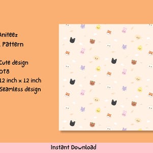 Può includere: Un motivo digitale con un design ripetuto di facce di animali, tra cui gatti, orsi, conigli e pulcini, su uno sfondo color crema. Il motivo misura 30,48 cm per 30,48 cm ed è etichettato come un design senza cuciture. È presente anche il testo "Ateez Aniteez Digital Pattern".