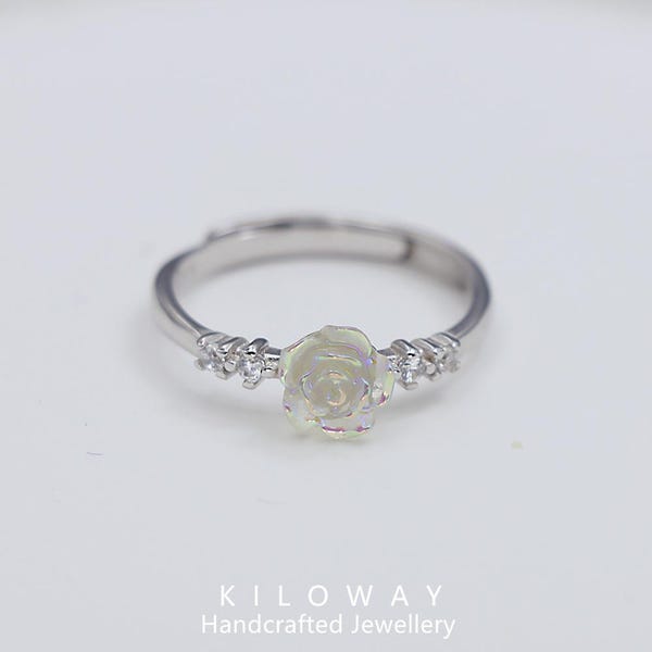 Sterling Silver Sweet Fresh Camellia Ring Zirconia Index Ring Adjustable