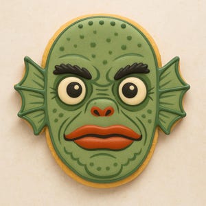 Pode incluir: Um biscoito verde com rosto de monstro e borda amarela. O biscoito apresenta um rosto detalhado com sobrancelhas pretas, olhos grandes brancos, nariz vermelho e lábios laranja. O monstro tem pele verde com pequenas protuberâncias e orelhas em forma de barbatana.