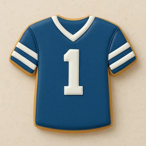 May include: A blue football jersey cookie with white stripes on the sleeves and the number 1 in the center. The cookie has a white V-neck collar and a golden-brown border.
