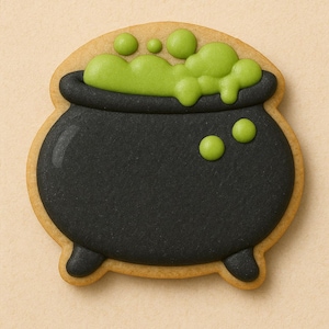 Puede incluir: Una galleta con temática de Halloween con forma de caldero negro con poción verde burbujeante. La galleta tiene un borde marrón claro y está sobre un fondo neutro. El caldero tiene tres patas pequeñas.
