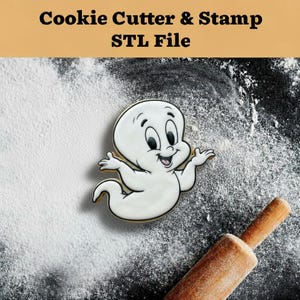 May include: A white ghost-shaped cookie cutter and stamp STL file featuring a cartoon ghost with large eyes and a smiling mouth. The text Cookie Cutter & Stamp STL File is displayed at the top of the image above the ghost shape.