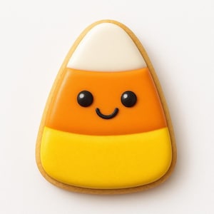 May include: A Halloween-themed candy corn-shaped biscuit. The biscuit has a white top, orange centre, and yellow base, with a smiling face made of black icing. The biscuit is outlined in a light brown colour.