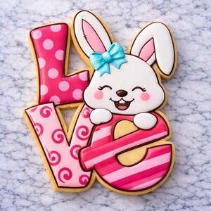 May include: A decorated cookie in the shape of the word "LOVE" with a smiling bunny. The "L" is pink with white polka dots, the "V" is pink with swirls, and the "E" is pink with stripes. The bunny has a blue bow.