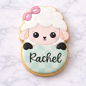 May include: A sheep-shaped cookie with a pink bow, white fluffy wool, and a light blue checkered sign that says "Rachel". The cookie has black eyes and ears, and is decorated with icing.