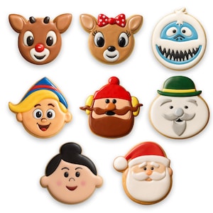 May include: Nine Christmas-themed cookies with detailed icing. The cookies feature festive characters like Rudolph, a female reindeer with a red bow, a snowman, an elf, a bearded man, a man with a green hat, a child, and Santa Claus.