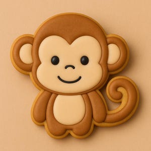 May include: A monkey-shaped cookie with a brown body, tan face, and a curled tail. The cookie has black eyes and a smiling mouth. The background is a solid tan color.