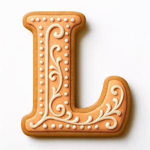 May include: A gingerbread cookie in the shape of the letter "L". The cookie is light brown with white icing details, including dots and floral patterns. The cookie is decorated with white icing and has a slightly glossy finish.