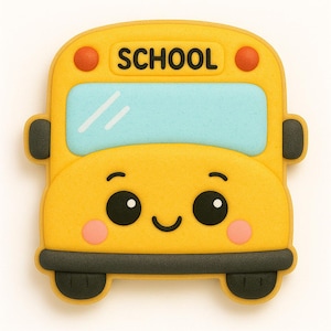Op de afbeelding: Een gele schoolbus met een lachend gezicht, zwarte wielen en het woord "SCHOOL" erboven. De bus heeft een lichtblauw raam, oranje lampjes en roze wangen. Het ontwerp is cartoonachtig en vrolijk.