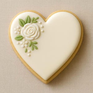 May include: A heart-shaped cookie with a white frosted surface, decorated with a white rose, green leaves, and small white dots. The cookie has a golden-brown edge.