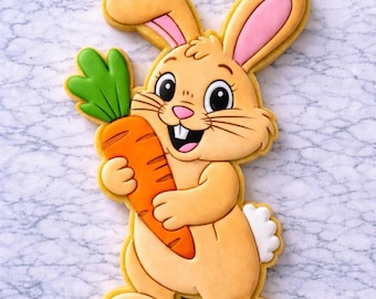 Easter_Bunny Holding_Carrot Koekjes Uitsteker | Schattig konijntje uitsteekvormpje | Koekjesvorm voor lentepaas
