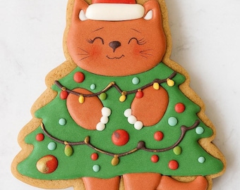 Christmas Tree_Cat Cookie Cutter | Holiday Tree Cat with Santa Hat | Cute Christmas Cookie | Cat Lover Baking Cutter