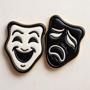 Könnte beinhalten: Zwei dekorierte Kekse in Form von Theatermasken. Eine Maske ist weiß mit einem lächelnden Gesicht und schwarzen Akzenten. Die andere Maske ist schwarz mit einem traurigen Gesicht und weißen Akzenten. Beide Kekse haben einen hellbraunen Rand.