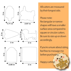 May include: A collection of six cookie cutter shapes, including a popsicle, train, Christmas tree, dachshund, tag, and square. Measurements are in inches, with the longest side of each cutter ranging from 1.71 to 3 inches.
