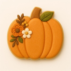 Puede incluir: Una galleta con forma de calabaza naranja decorada con flores, hojas y bayas comestibles. La galleta tiene un contorno marrón claro y un tallo marrón, ideal para celebraciones de otoño o Acción de Gracias.