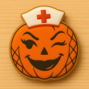 May include: A Halloween cookie in the shape of a smiling pumpkin wearing a nurse's cap. The pumpkin is orange with a black face and a lattice design. The nurse's cap is white with a red cross.