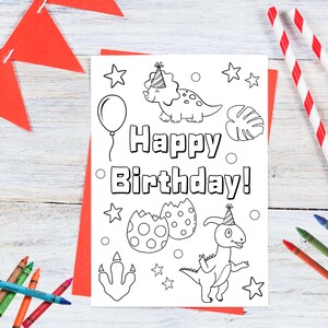 Druckbare Dinosaurier Geburtstagskarte zum Ausmalen | Kinder Malvorlage | Digitales doppelseitiges PDF | Spaß-Party-Aktivität
