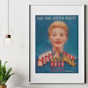 Vintage Avon Print Ad in Color 1955 Household Magazine For Digital Download, Red Lipstick, Makeup, Advertisement, Poster, Decor, Maximalist