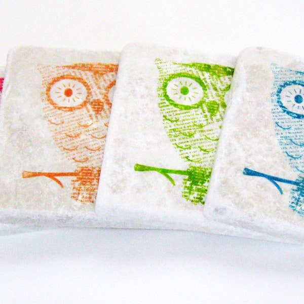 Neon Decor Owls, Owl Coasters, Gift For Her, Set of 4 Tiles