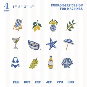 May include: Embroidery design for machines with summer motifs. Includes a deckchair, lemons, a vase of flowers, olives, a martini, a boat, a starfish, a parasol, a bikini, grapes, a bottle, and a seashell. Available in 4 sizes.