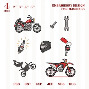 May include: A collection of embroidery designs for machines featuring a red motorcycle, a screw, a wrench, a spark plug, a black helmet, a key with a red fob, a dirt bike performing a wheelie, and a red dirt bike, with text 4 SIZES 2" 3" 4" 5".