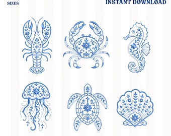 May include: A set of six blue machine embroidery designs featuring a lobster, crab, seahorse, jellyfish, sea turtle, and seashell. The text reads 4 SIZES 3" 4" 5" 6" MACHINE EMBROIDERY INSTANT DOWNLOAD and file formats PES DST EXP JEF VP3 HUS.