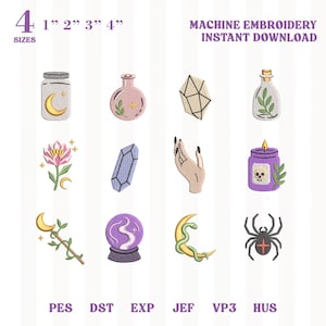 Puede incluir: Colección digital de 12 diseños de bordado a máquina con iconos místicos: frasco lunar, pociones, cristales, mano, vela de calavera, bola de cristal, serpiente en luna y araña. Texto: 4 SIZES 1" 2" 3" 4" MACHINE EMBROIDERY INSTANT DOWNLOAD y formatos PES DST EXP JEF VP3 HUS.