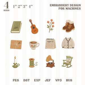 Cottagecore herfst borduurwerk ontwerpbundel, gezellig lezen leven iconen, boek theekopje wilde bloemen vintage huis, pes dst jef, Instant Download