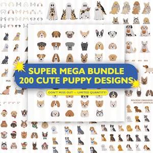 Op de afbeelding: Een digitale collectie van 200 puppyontwerpen met diverse hondenrassen in verschillende houdingen, kostuums en stijlen. De blauwe banner in het midden toont de tekst SUPER MEGA BUNDLE 200 CUTE PUPPY DESIGNS en DON'T MISS OUT — LIMITED QUANTITY!