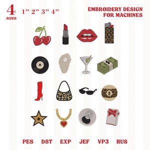 Y2K Edgy Broderidesign Set med 16, Retro Estetiska Ikoner Bundle, Trendiga Flickmaskinbroderifiler, DIREKT NEDLADDNING