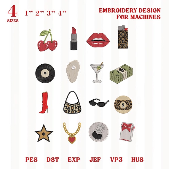 Y2K Edgy Embroidery Design Set of 16, Retro Aesthetic Icons Bundle, Trendy Girl Machine Embroidery Files, INSTANT DOWNLOAD