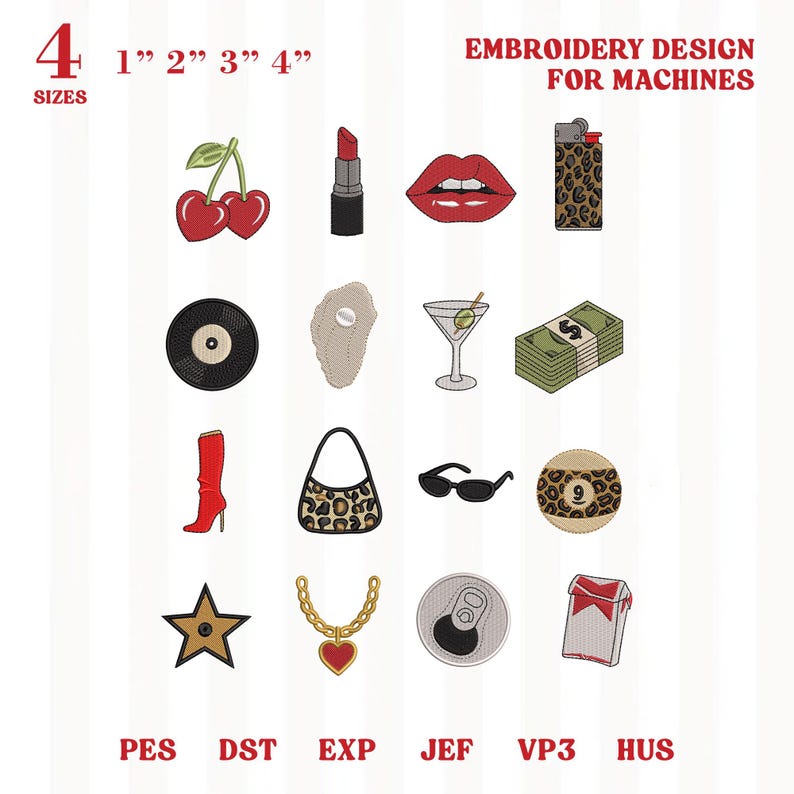 May include: An embroidery design sheet featuring various pop culture icons. Designs include cherries, lipstick, lips, a lighter, a vinyl record, a steak, a martini, a stack of money, a red boot, a purse, sunglasses, a pool ball, a star, a necklace, a soda can, and a pack of cigarettes.