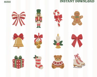 Könnte beinhalten: Eine Sammlung von zwölf weihnachtlichen Maschinenstickmustern, darunter ein Nussknacker, eine Zuckerstange, ein Lebkuchenmann, eine Glocke, eine Kerze, ein Geschenk, ein Strumpf, ein Teddybär und Schlittschuhe in verschiedenen Größen.