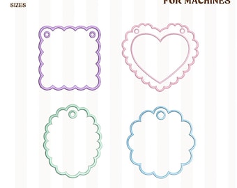 ITH Scalloped Name Tag Applique Embroidery Design, Scalloped Tag Banner Embroidery, In The Hoop Applique, Square, Circle, Heart, Oval