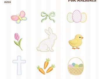 Paquetes de mini diseños de bordado de Pascua, bordado de Pascua, diseño de primavera, conejito, pollito, cesta, tulipanes, cruz, huevos y zanahorias.