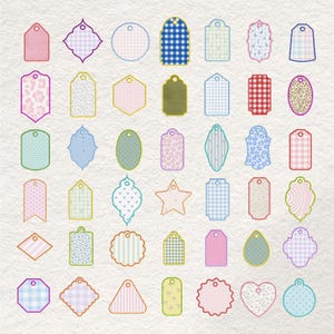 May include: A collection of forty-two decorative gift tags in various shapes including rectangles, circles, stars, and hearts. Each tag features a unique pattern such as gingham, polka dots, leopard print, stripes, or floral designs with colorful borders.