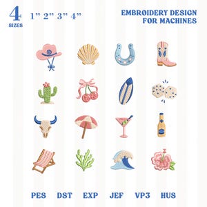 May include: An embroidery design sheet with summer-themed motifs: a cowboy hat, seashell, horseshoe, cowboy boot, cactus, cherries, surfboard, dice, bull skull, umbrella, martini, bottle, beach chair, coral, wave, and hibiscus flower. Designs available in 4 sizes.