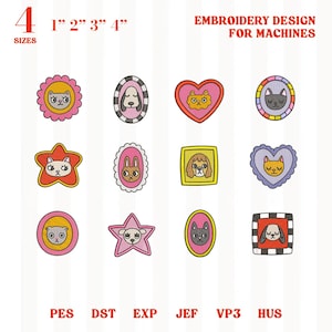 May include: A collection of machine embroidery designs featuring various animal portraits, including cats, dogs, and rabbits, in different shapes like stars, hearts, and ovals. The designs are available in four sizes, ranging from 1 to 4 inches. The text "EMBROIDERY DESIGN FOR MACHINES" is also present.