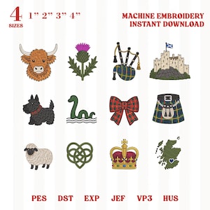 May include: A set of twelve machine embroidery designs featuring a Highland cow, thistle, bagpipes, castle, Scottish terrier, Loch Ness monster, tartan bow, kilt, sheep, Celtic knot, crown, and map of Scotland with text 4 SIZES 1" 2" 3" 4".