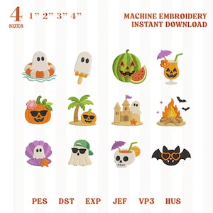 Sommarbroderidesignpaket, tropiska Halloween-miniikoner, strandspöke, pumpa, fladdermus, maskinbroderi Pes Dst, DIREKT NEDLADDNING
