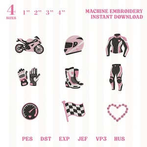 Peut inclure: Un ensemble de fichiers de broderie machine comprenant neuf motifs sur le thème de la moto en rose et noir : une moto sportive, un casque, une veste, des gants, des bottes, un pantalon, un compteur, un drapeau à damier et une chaîne en forme de cœur.