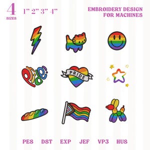 May include: A collection of colorful embroidery designs for machines, featuring a rainbow lightning bolt, cat, smiley face, and heart with "Pride" banner. Sizes range from 1" to 4". Includes a rainbow baguette, flag, star, and balloon dog. Text: EMBROIDERY DESIGN FOR MACHINES.