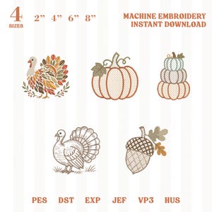 May include: Machine embroidery instant download featuring five autumn designs: a turkey with colorful leaf feathers, a large pumpkin, a stack of three pumpkins, a line-art turkey, and an acorn with oak leaves. Available in 2, 4, 6, and 8 inch sizes.