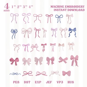 Coquette Bow Embroidery Design Bundle, Girly Ribbon Mini Bows, Preppy Pink Bow Machine Embroidery Files, Pes Dst, INSTANT DOWNLOAD