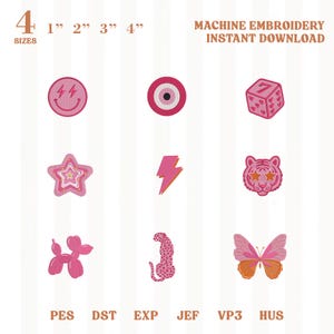 May include: A digital collection of nine pink machine embroidery designs including a smiley face, evil eye, dice, star, lightning bolt, tiger, balloon dog, leopard, and butterfly. Text reads 4 SIZES 1 2 3 4, MACHINE EMBROIDERY INSTANT DOWNLOAD, PES DST EXP JEF VP3 HUS.