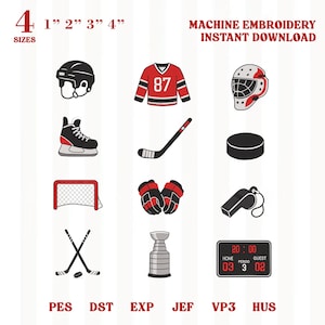 May include: A collection of twelve red, black, and white machine embroidery designs featuring ice hockey equipment including a helmet, jersey with number 87, goalie mask, skate, stick, puck, net, gloves, whistle, crossed sticks, trophy, and a scoreboard.