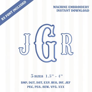 May include: A blue machine embroidery monogram design featuring the letters J, G, and R. The text reads BX FONT INCLUDED, MACHINE EMBROIDERY INSTANT DOWNLOAD, and 5 SIZES 1.5" - 4". File formats listed include BMP, DGT, DST, EXP, HUS, INF, JEF, PEC, PES, SEW, VP3, XXX.