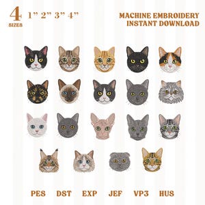 Stickdateien-Bundle mit Katzenrassen, Stickdateien für Katzengesichter, Tuxedo-Siamkatze, Maine Coon, Perserkatze, Kätzchen, SOFORT-DOWNLOAD