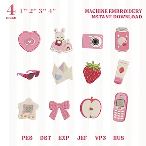 May include: A collection of twelve machine embroidery designs featuring a pink heart mirror, a rabbit in a car, a camera, a soda can, sunglasses, an envelope, a strawberry, a tube, a star device, a bow, an apple slice, and a mobile phone.